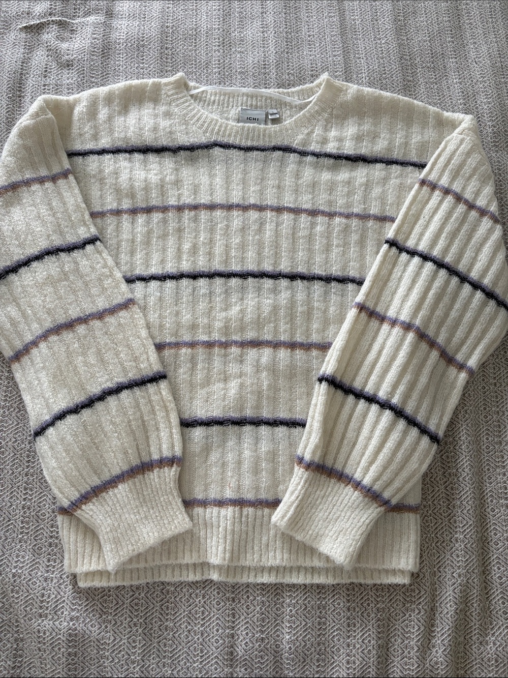 ICHI Cream Ribbed Crewneck Sweater with Navy, Taupe and Lavender Stripes
